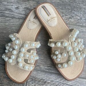 Sam Edelman Bay Pearl Slide Sandal Size 5.5 w/woven raffia sole & pearl embel